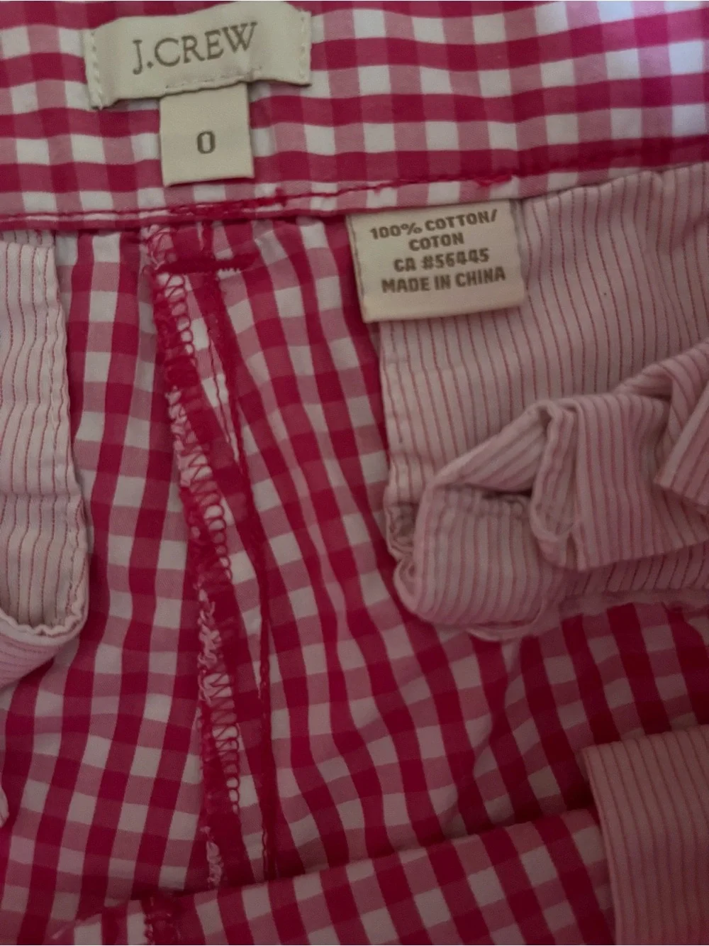 Women’s J.Crew pink & white gingham check classic mid-rise, pockets, size 0 3”